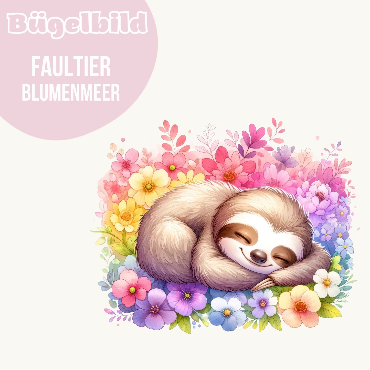 Bügelbild Faultier Blumenmeer