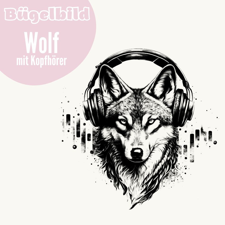 Bügelbild Wolf mit Kopfhörer