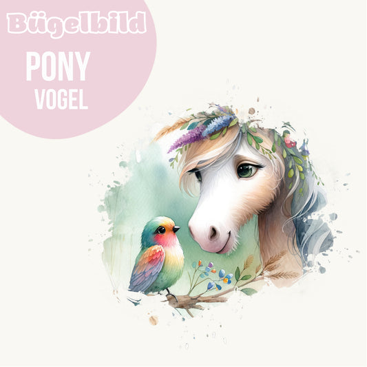 Bügelbild Pony Vogel